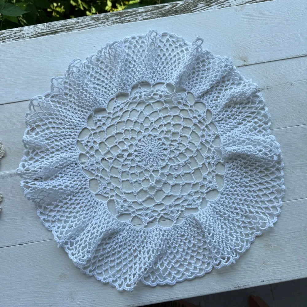 Vintage Handmade Crochet Doily Set White Cream Lace Table Decor 2pc